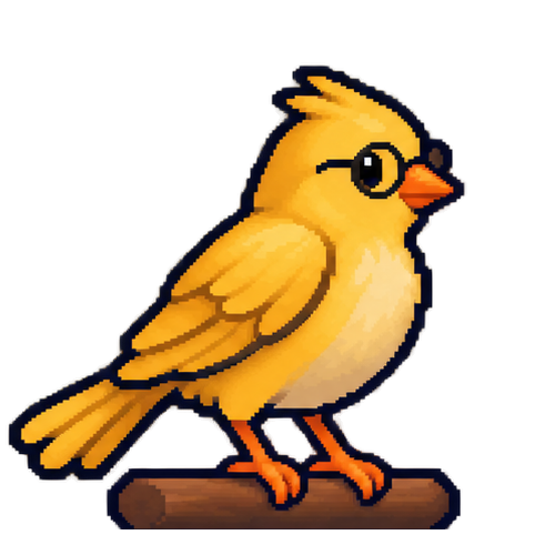 A yellow canary wearing tiny round glasses, perched on a branch